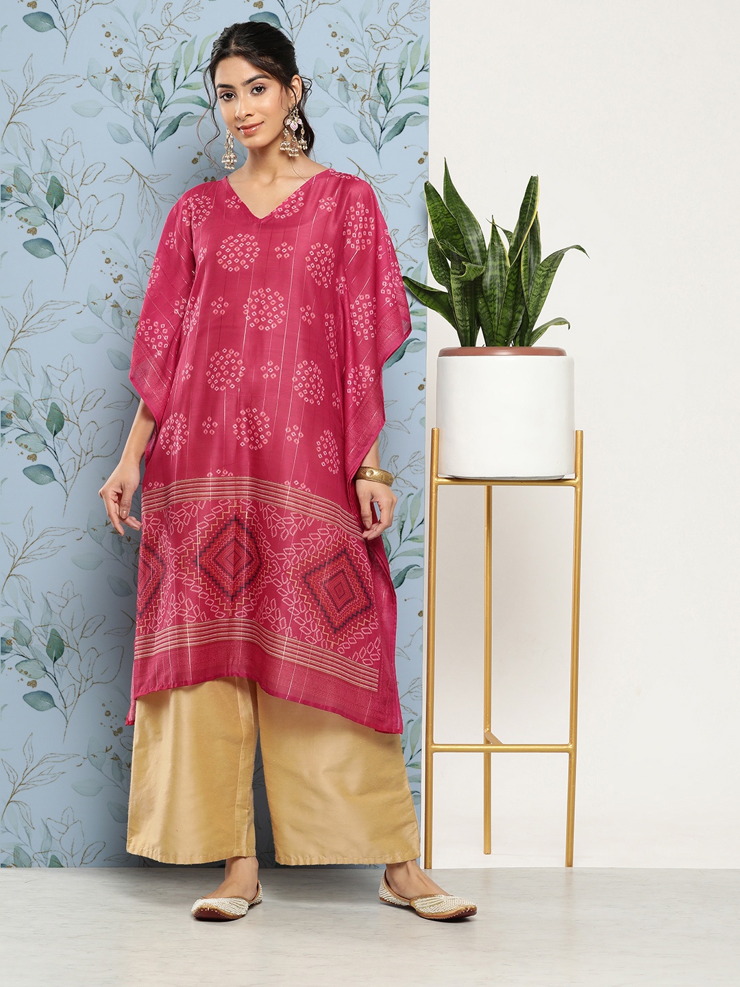 

Yufta Women Bandhani Printed Flared Sleeves Kaftan Kurta, Pink