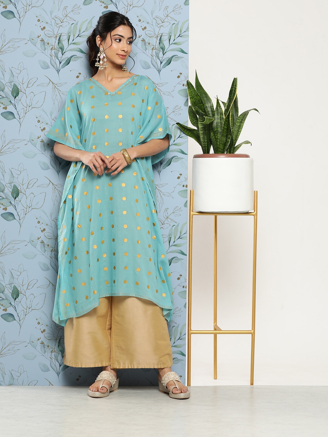 

Yufta Women Printed Flared Sleeves Pure Cotton Kaftan Kurta, Blue
