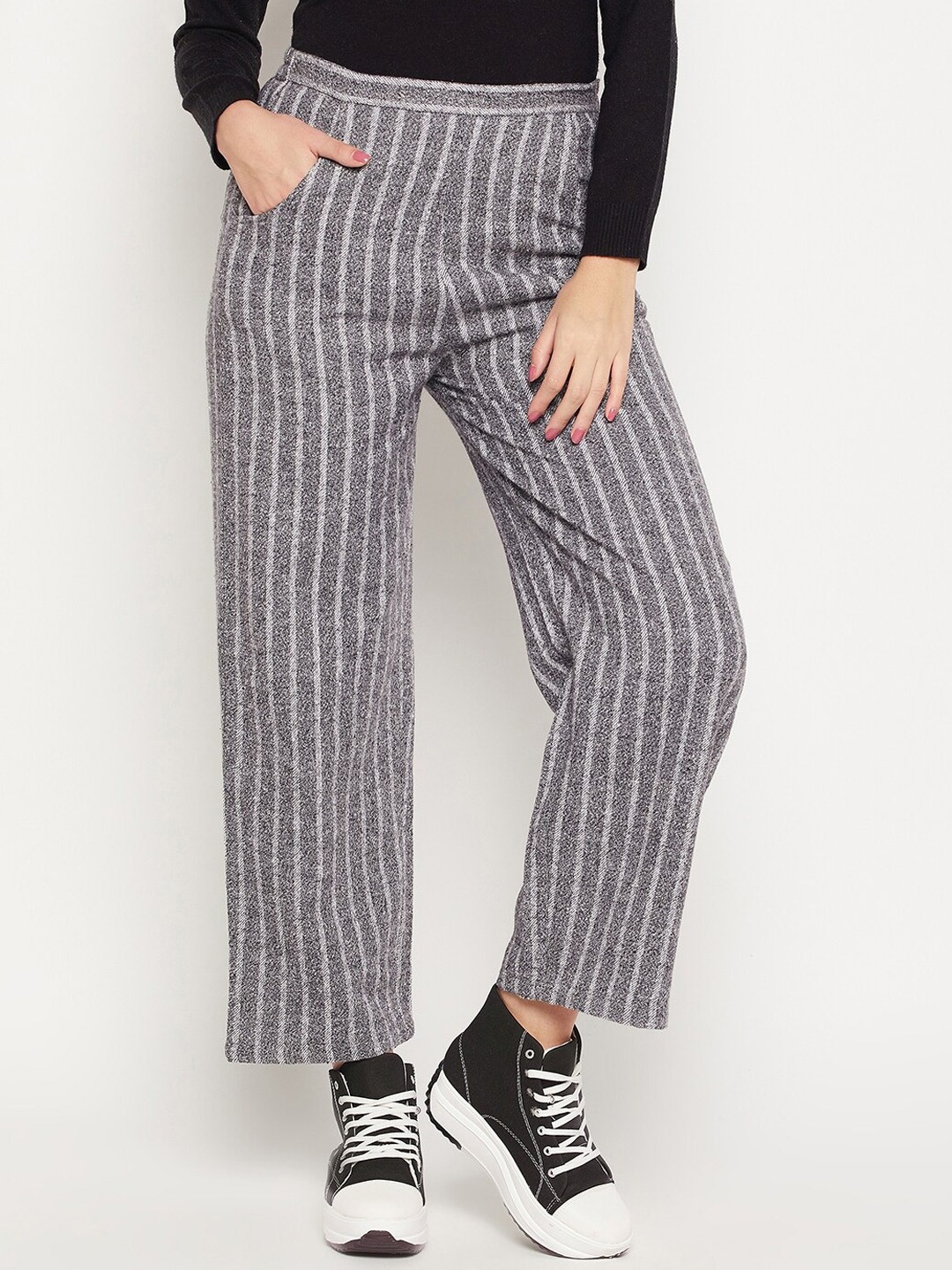 

Bitterlime Women Striped Relaxed Flared Wrinkle Free Cotton Trousers, Grey