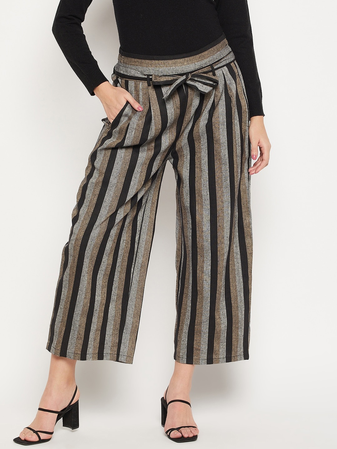 

Bitterlime Women Striped Relaxed Flared Wrinkle Free Pleated Cotton Culottes, Grey