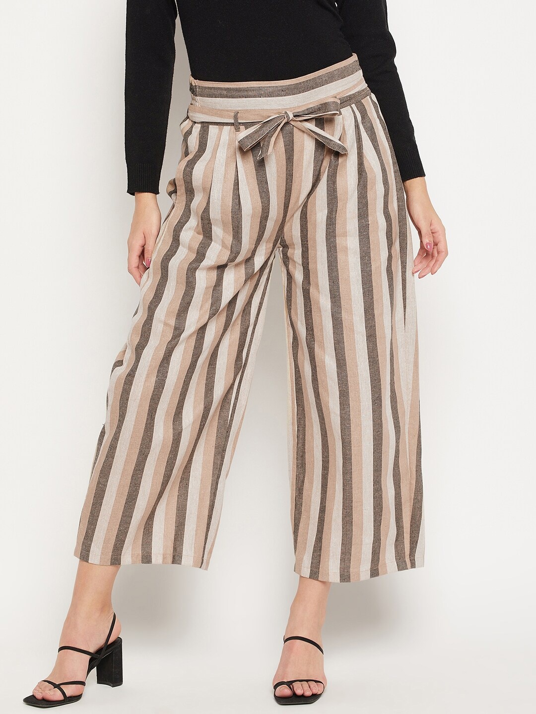 

Bitterlime Women Striped Relaxed Flared Wrinkle Free Pleated Cotton Culottes, Beige