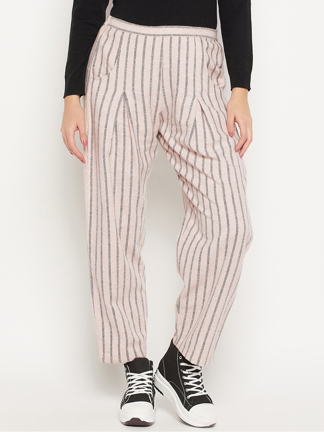 

Bitterlime Women Striped Relaxed Flared Wrinkle Free Pleated Cotton Trousers, Beige