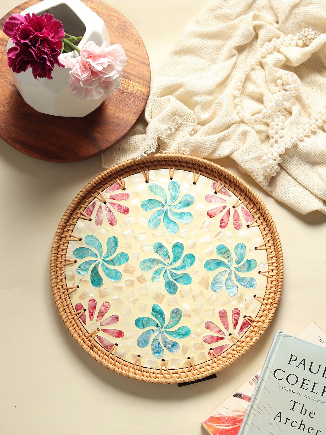 

HABERE INDIA Brown & Blue Printed Round Wooden Tray With Mosaic Work