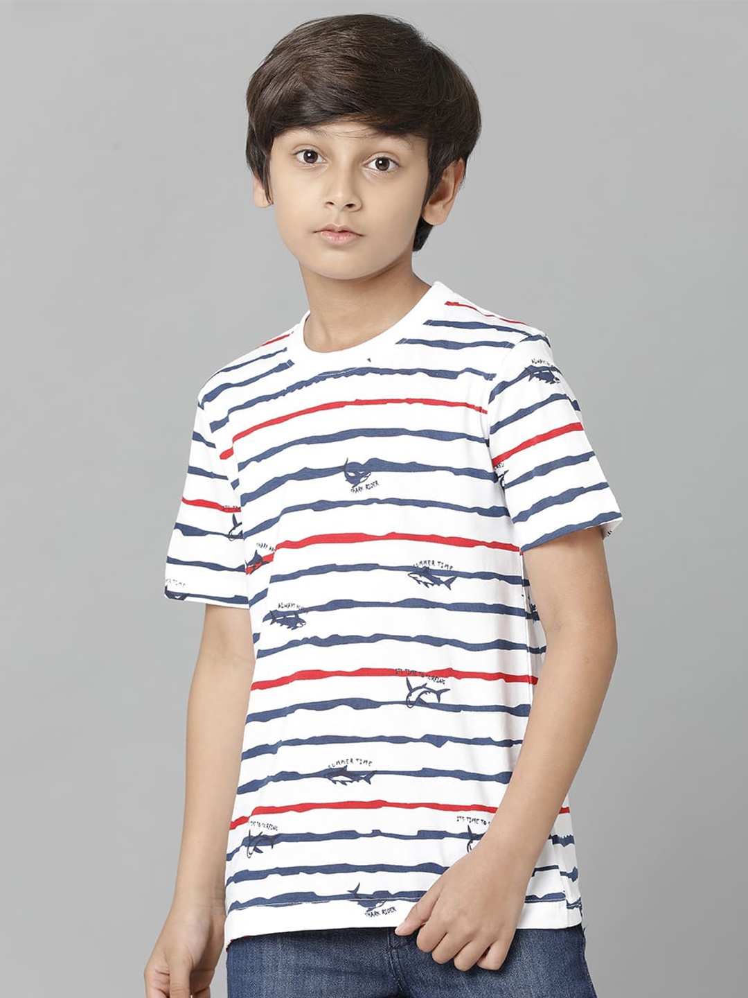 

UNDER FOURTEEN ONLY Boys Striped Cotton T-shirt, Navy blue