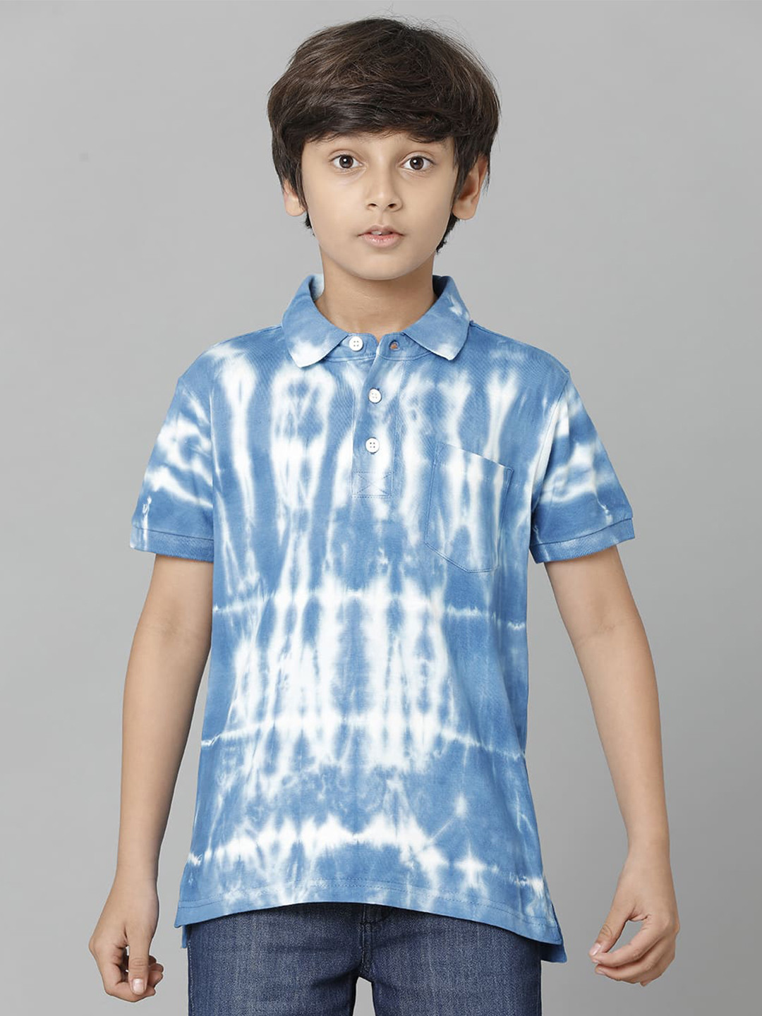 

UNDER FOURTEEN ONLY Boys Tie and Dye Polo Collar Cotton T-shirt, Blue