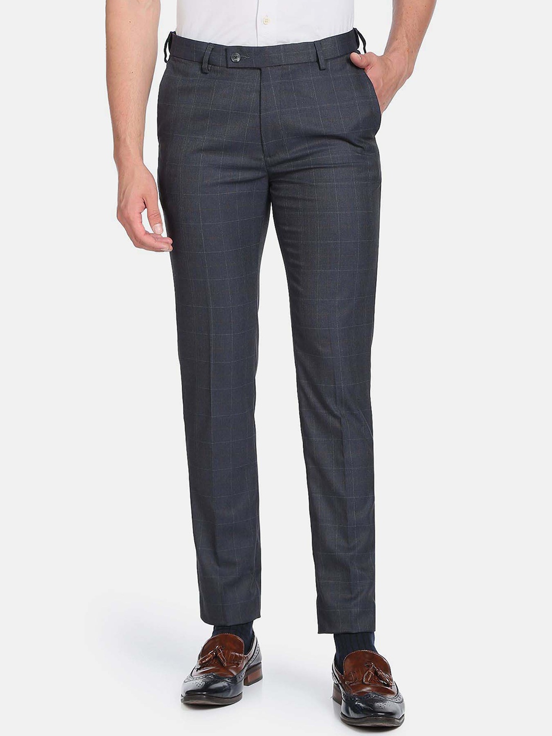 

Arrow Men Windowpane Check Tailored Formal Trousers, Grey