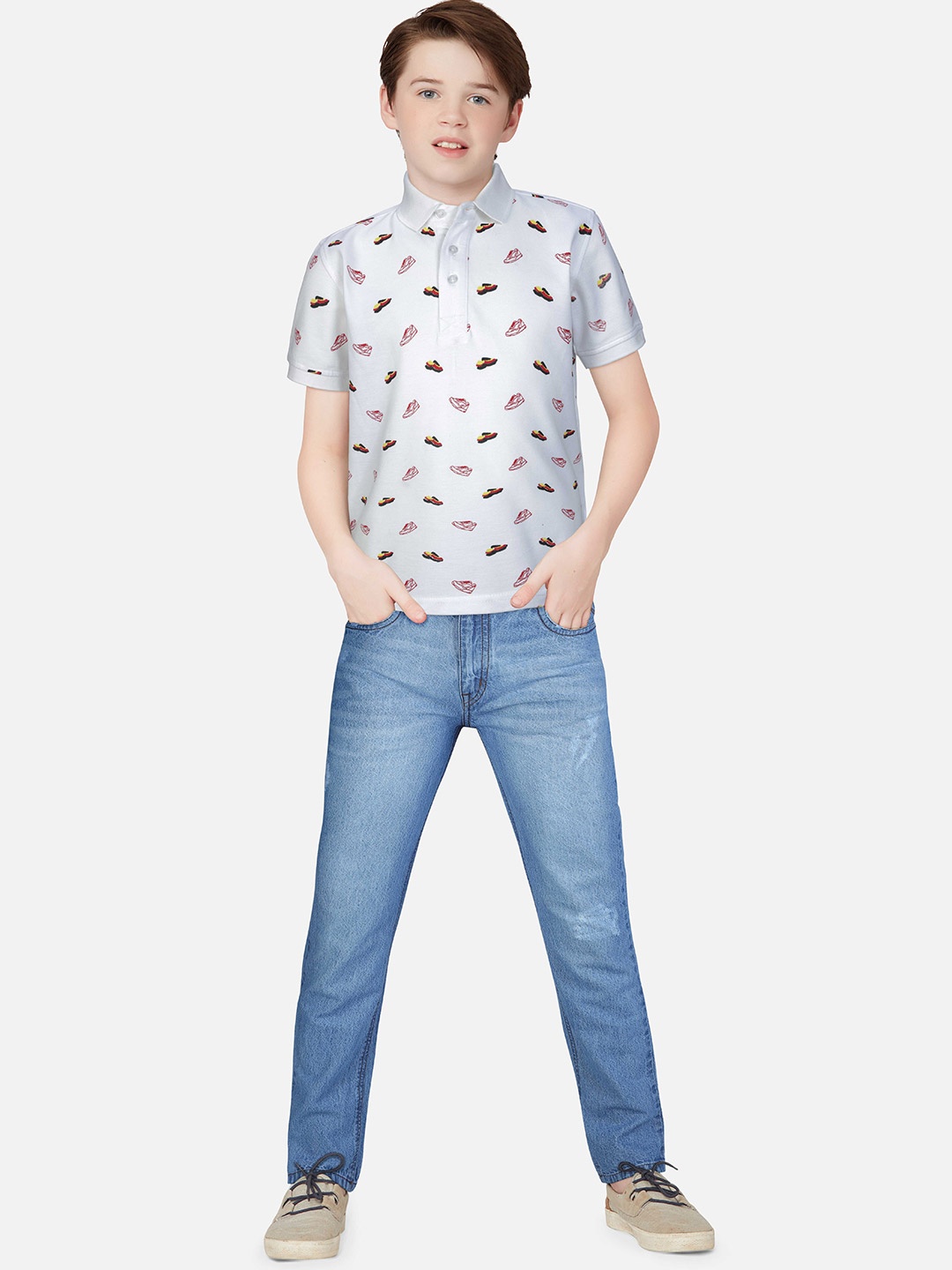 

Gini and Jony Boys White Printed Polo Collar Tropical Applique T-shirt