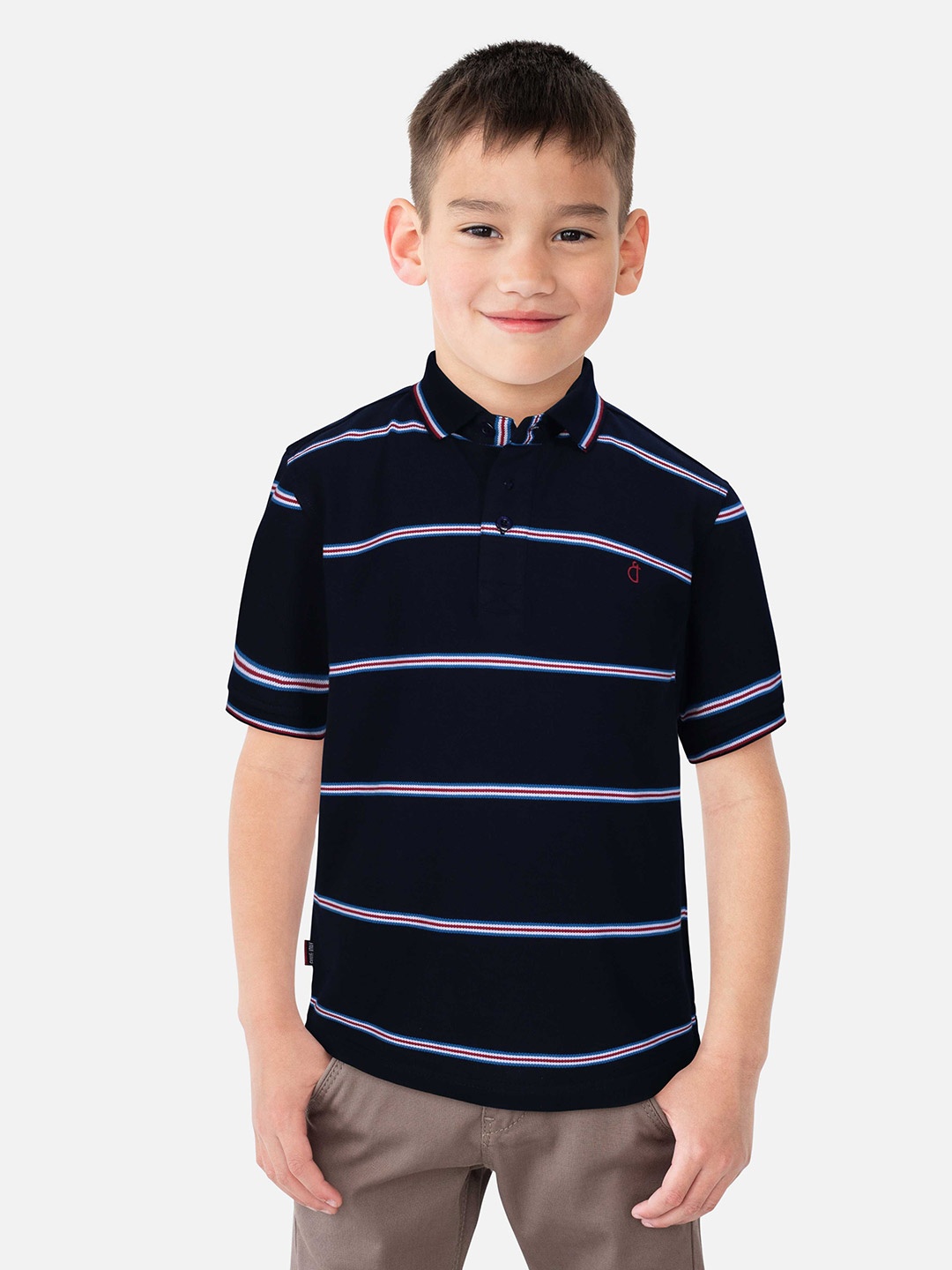 

Gini and Jony Boys Navy Striped Polo Collar Pure Cotton T-shirt, Navy blue