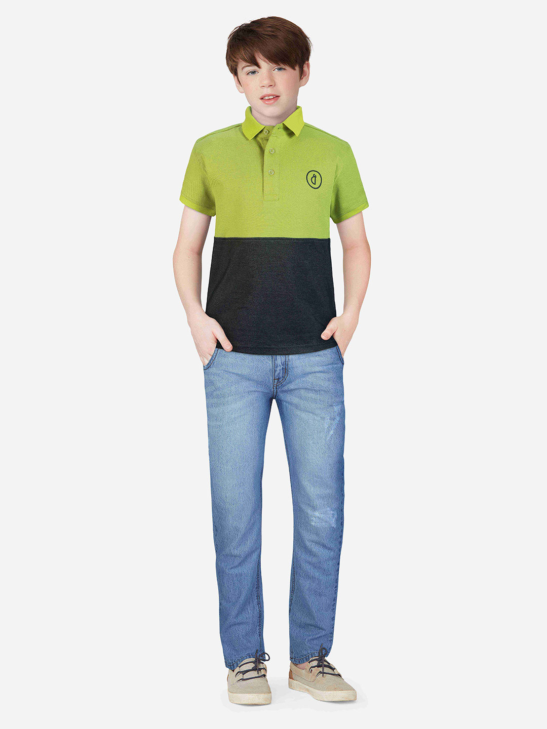 

Gini and Jony Boys Green & Black Colourblocked Polo Collar Pure Cotton T-shirt