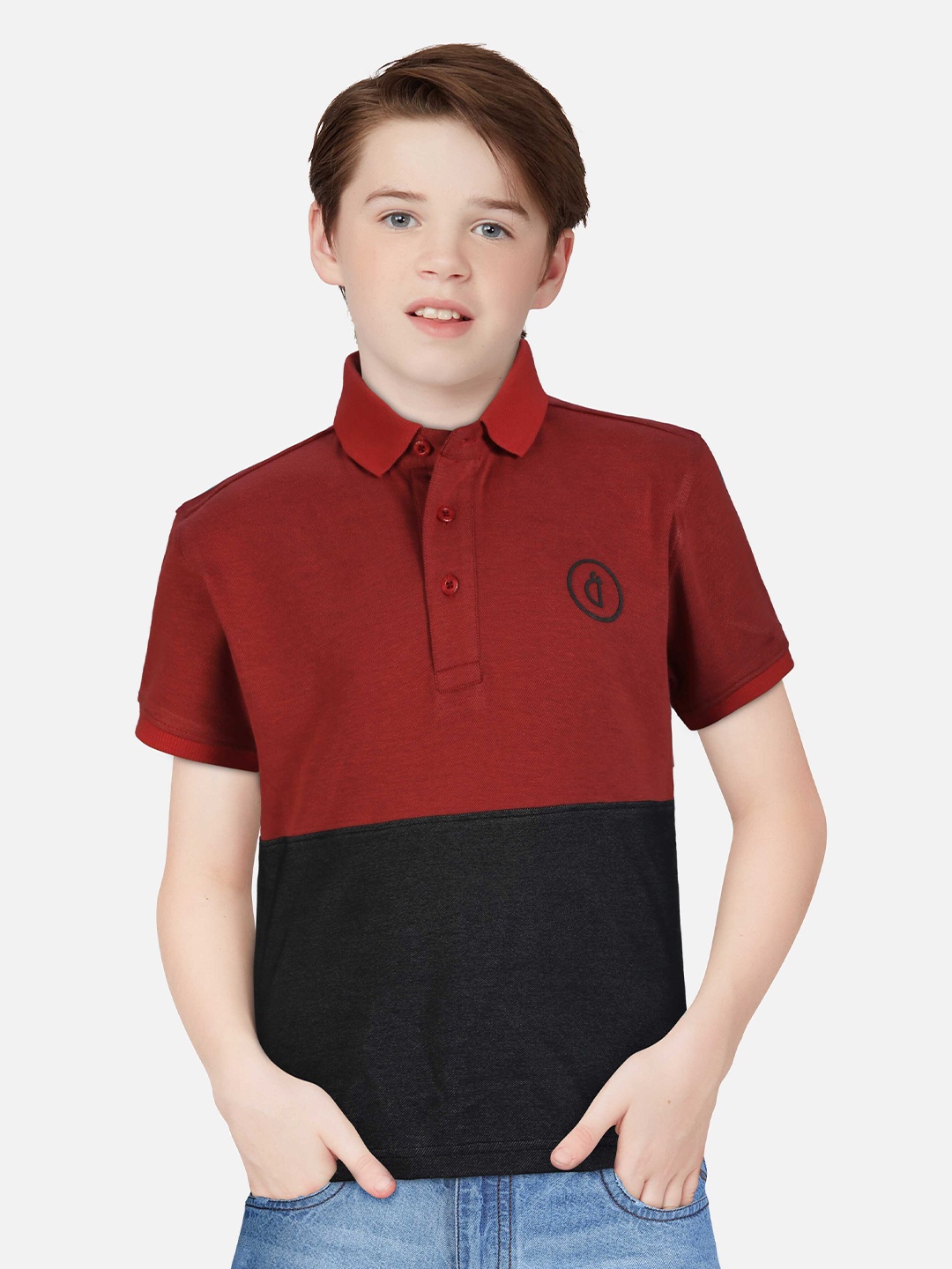 

Gini and Jony Boys Colourblocked Polo Collar Pure Cotton T-shirt, Red
