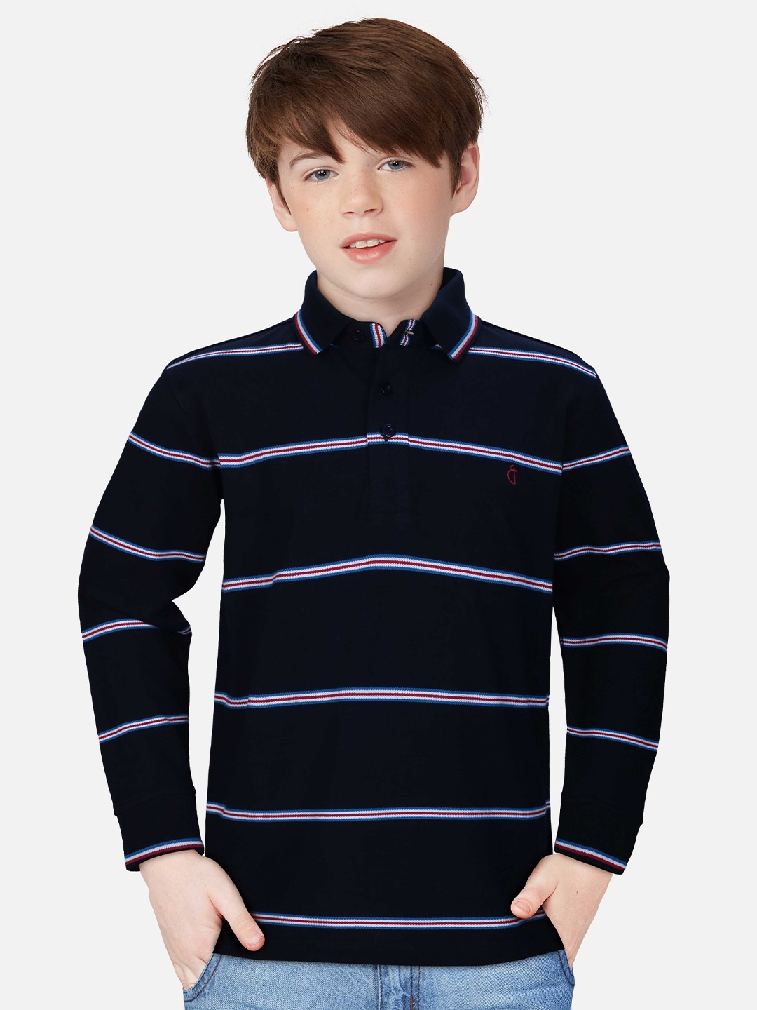 

Gini and Jony Boys Navy Blue Striped Polo Collar Pure Cotton T-shirt