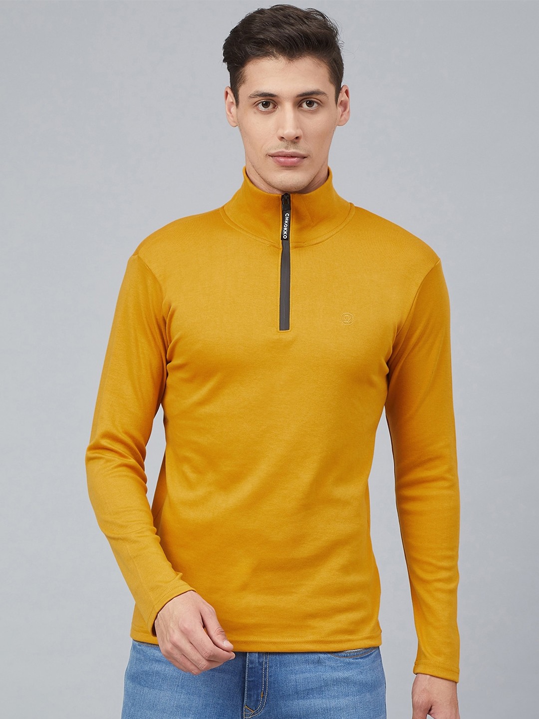 

CHKOKKO Men Mustard Yellow High Neck Raw Edge T-shirt