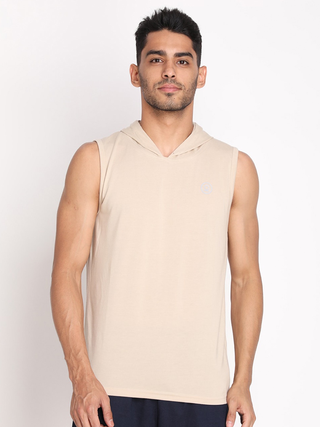 

CHKOKKO Men Hooded Neck Cotton T-shirt, Beige