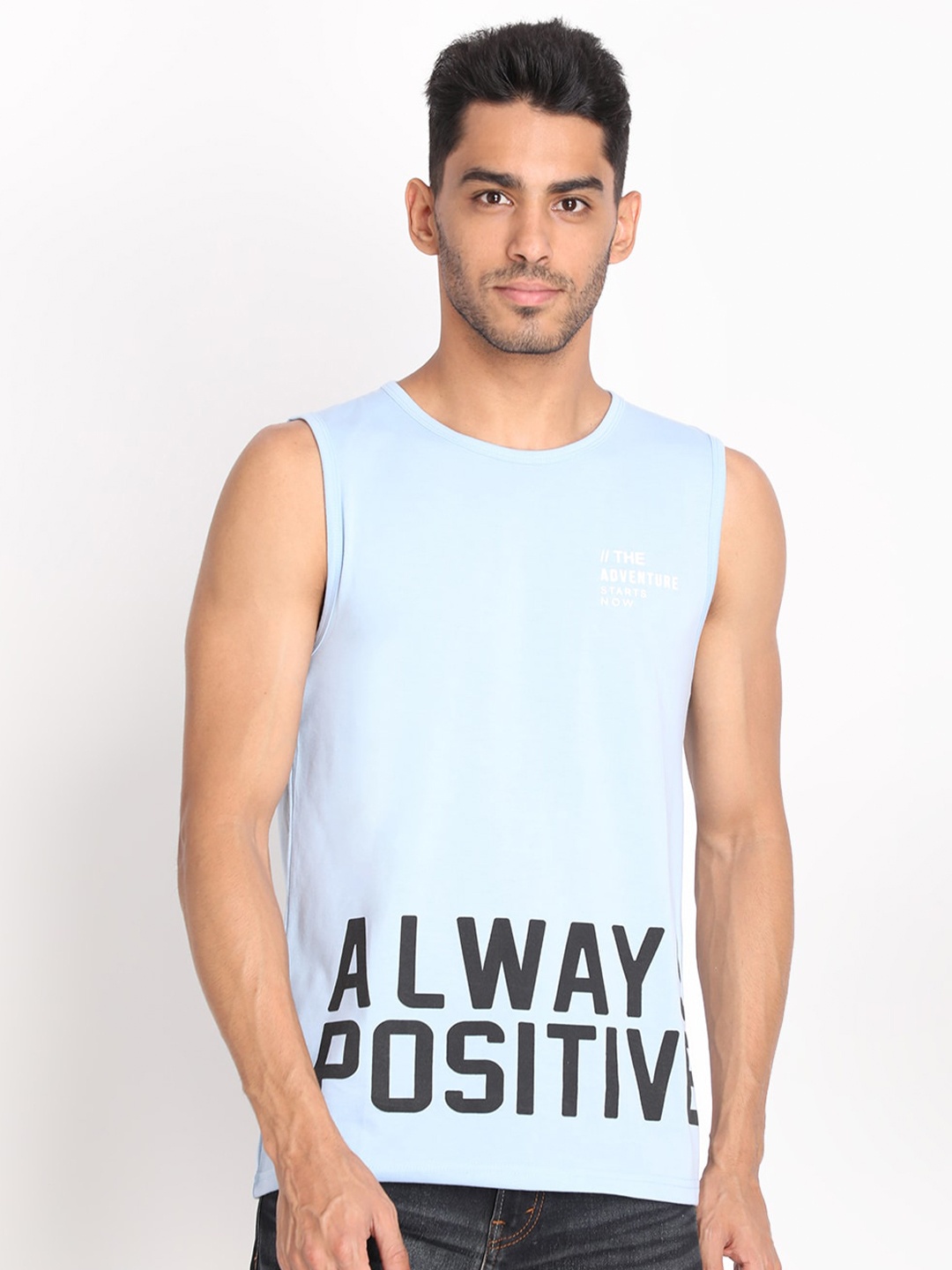 

CHKOKKO Men Sleeveless Typography Printed Cotton T-shirt, Blue