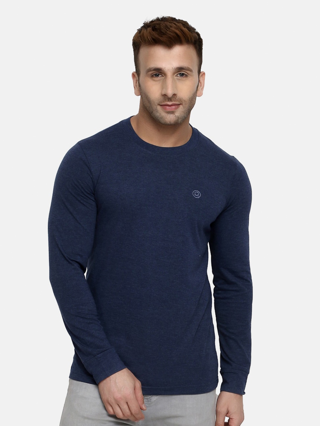 

CHKOKKO Men Round Neck Cotton T-shirt, Blue