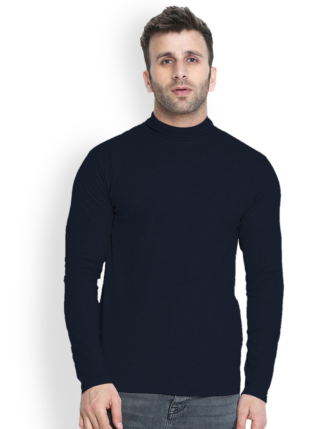 

CHKOKKO Men Navy Blue High Neck Applique T-shirt