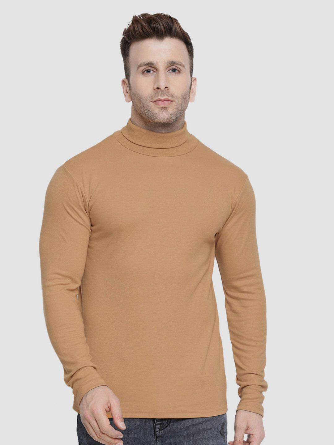 

CHKOKKO Men High Neck T-shirt, Beige