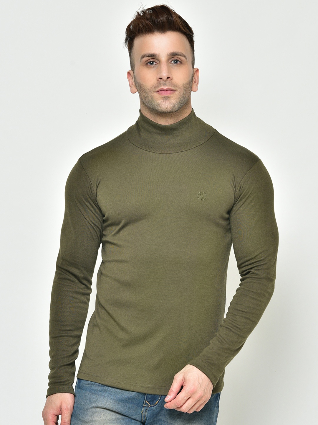 

CHKOKKO Men Olive Green High Neck T-shirt