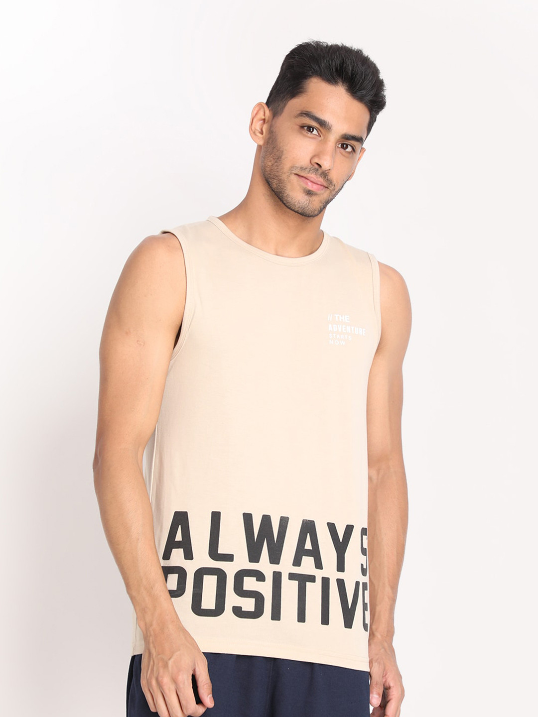 

CHKOKKO Men Beige Typography V-Neck T-shirt