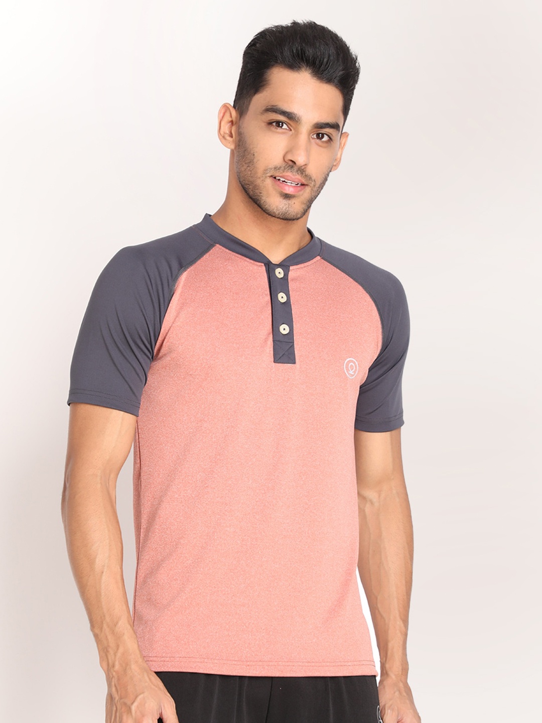 

CHKOKKO Men Colourblocked Henley Neck Dri-FIT T-shirt, Pink