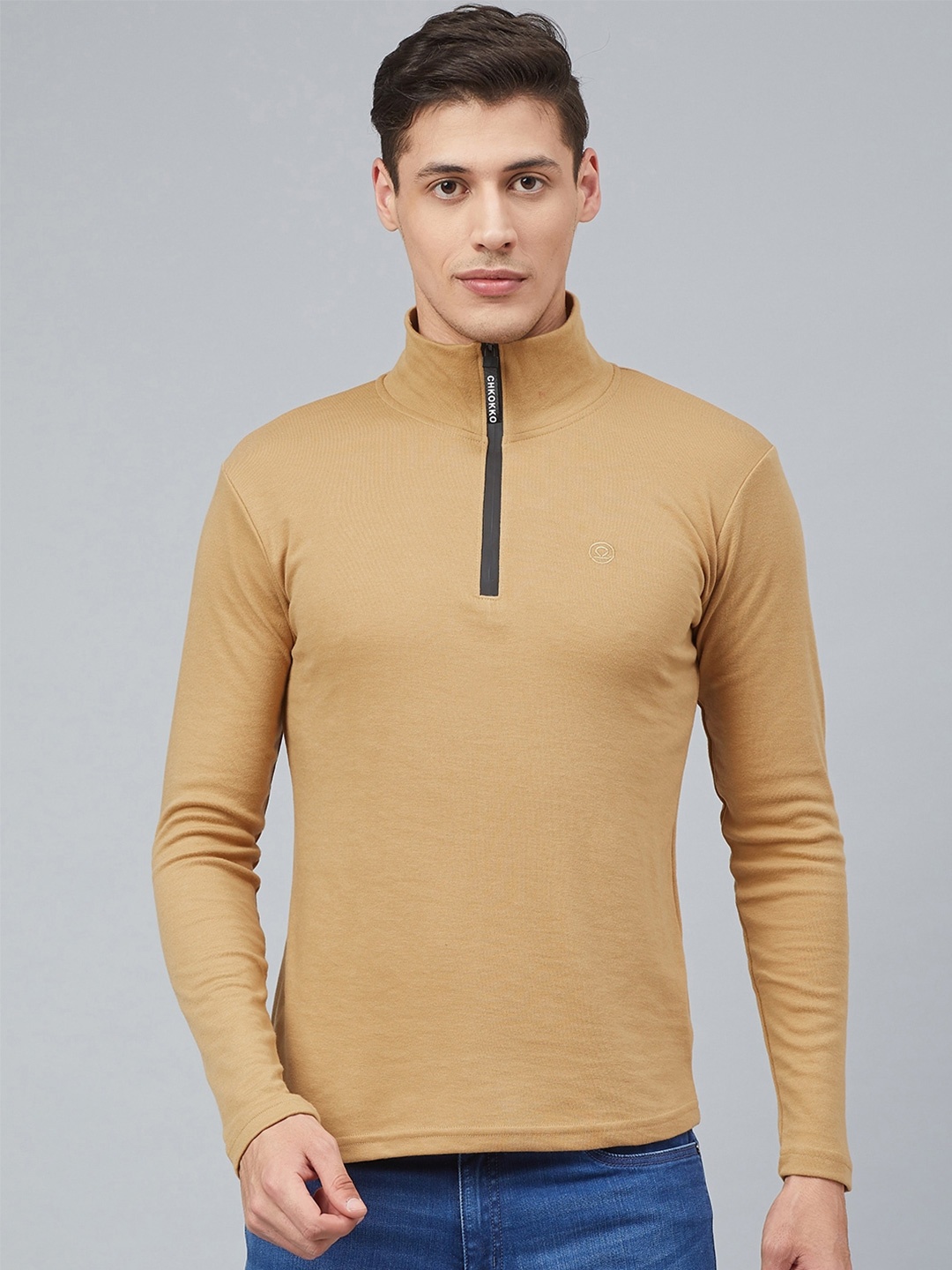 

CHKOKKO Men Zipper High Neck Cotton T-shirt, Beige