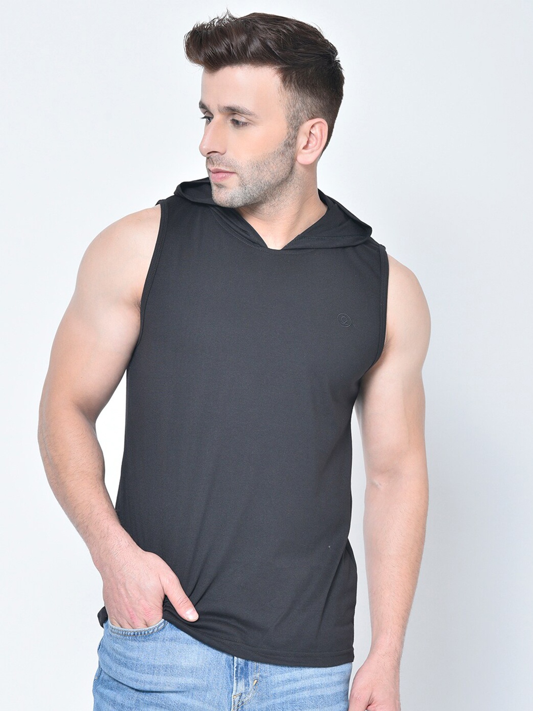 

CHKOKKO Men Sleeveless Hooded Cotton T-shirt, Charcoal