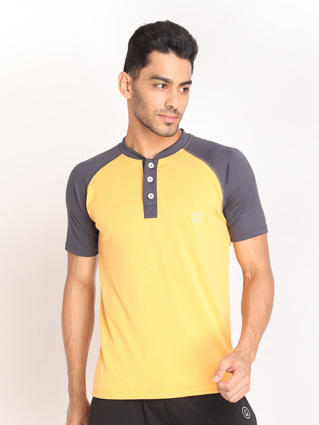 

CHKOKKO Men Mustard Yellow Henley Neck Dri-FIT Applique T-shirt