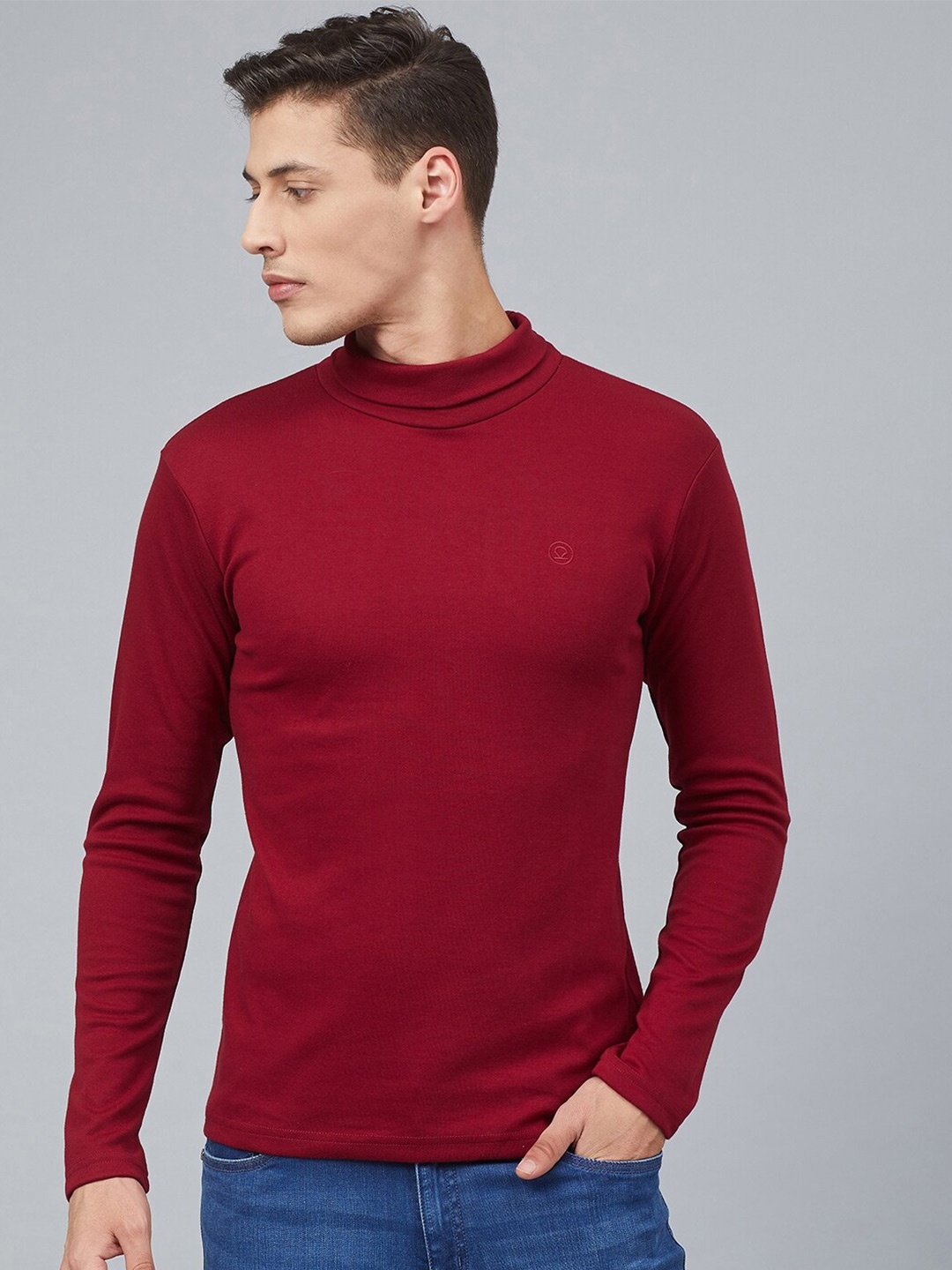 

CHKOKKO Men Cotton High Neck T-shirt, Maroon