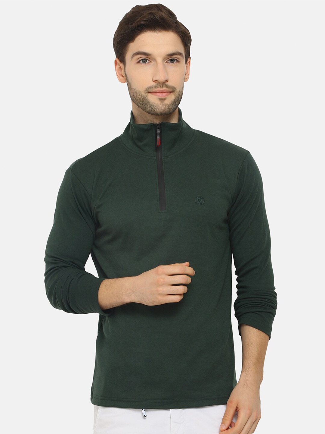 

CHKOKKO Men High Neck Zipper Cotton T-shirt, Green
