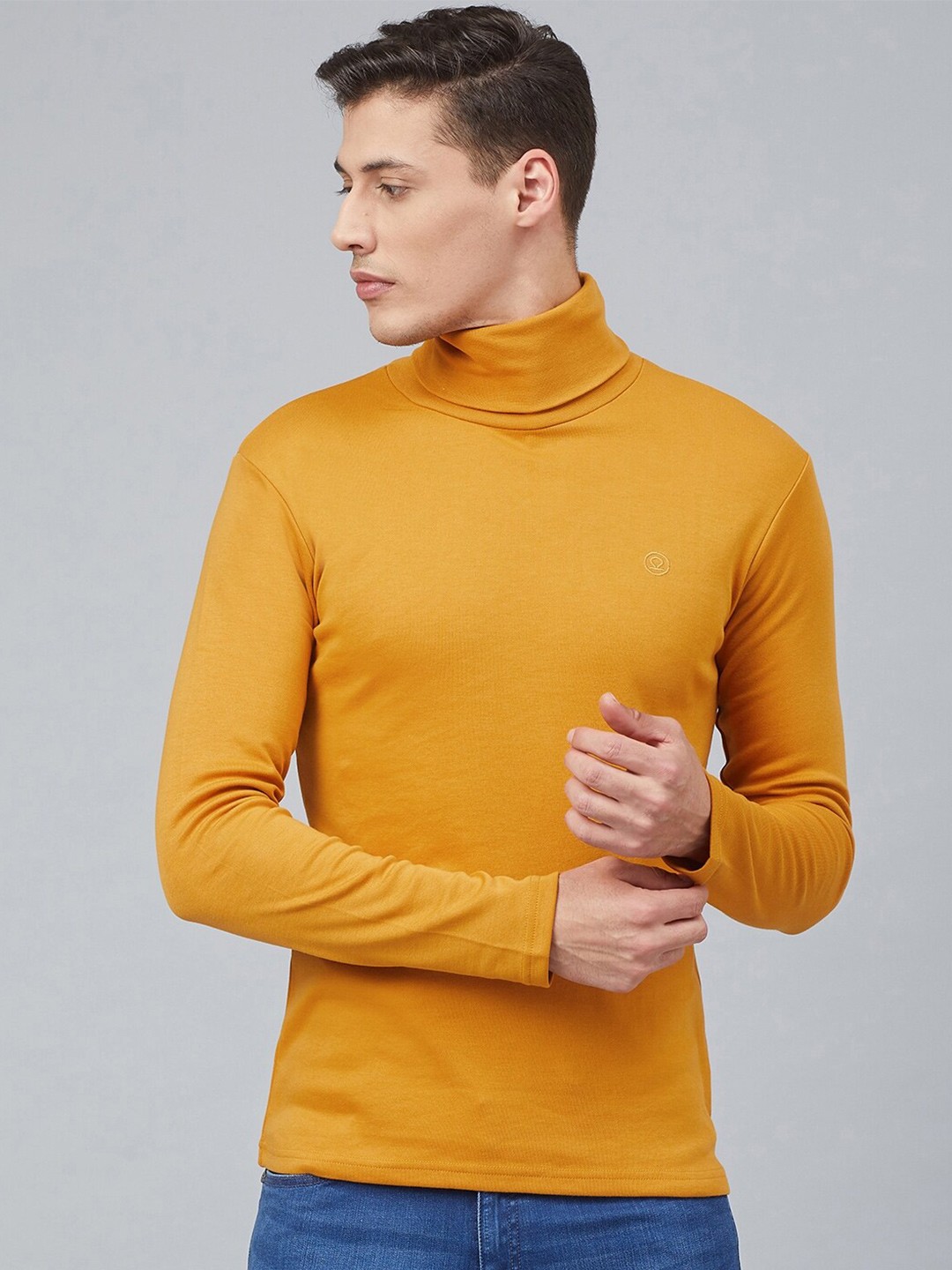 

CHKOKKO Men Turtle Neck Cotton T-shirt, Mustard