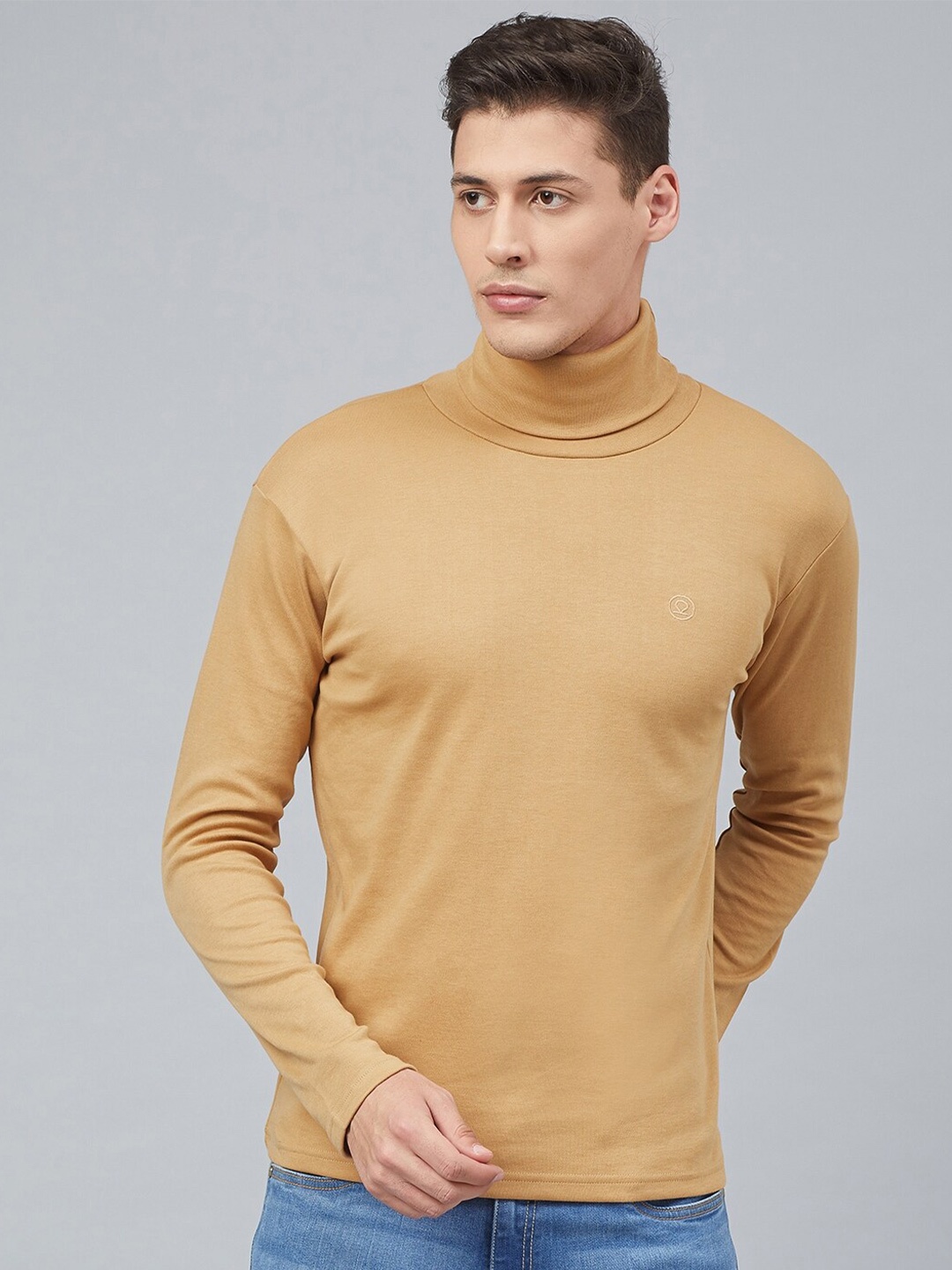 

CHKOKKO Men Cotton Turtle Neck T-shirt, Beige