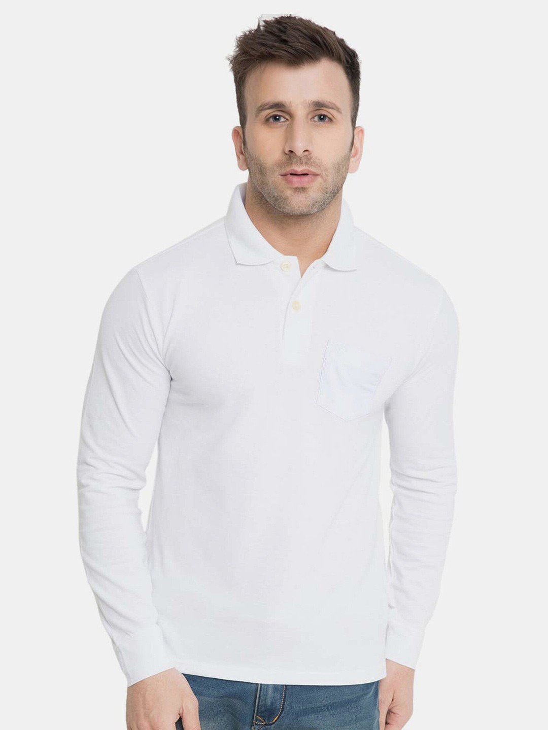 

CHKOKKO Men Cotton Polo Collar T-shirt, White