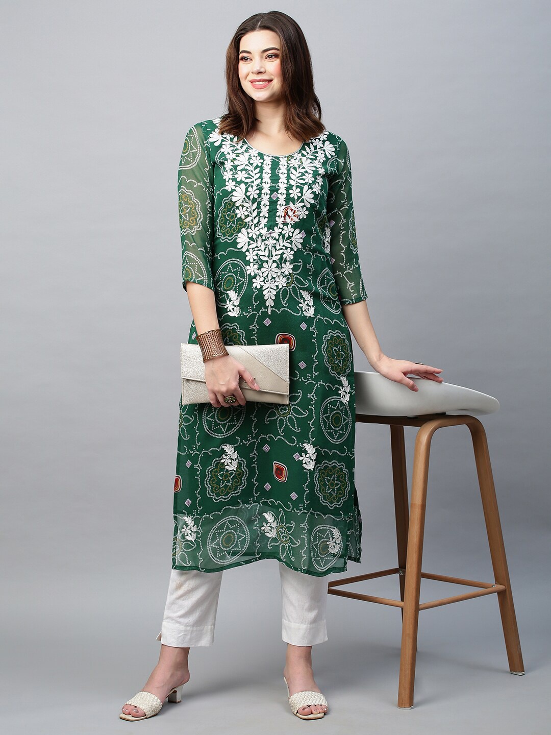 

KALINI Women Bandhani Printed Thread Work Indie Prints Georgette Kurta, Green