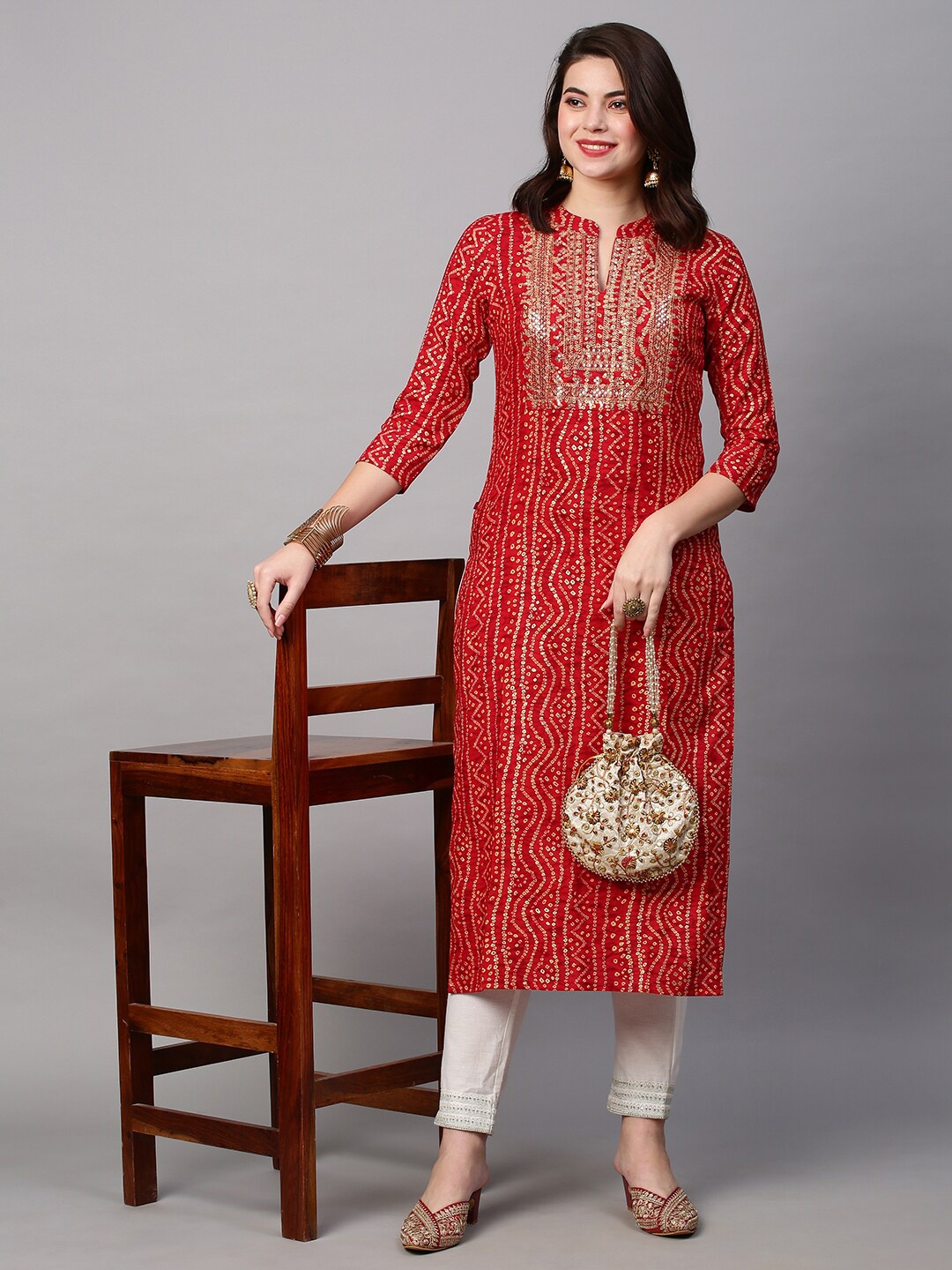 

KALINI Women Bandhani Printed Indie Prints Pure Cotton Kurta, Red