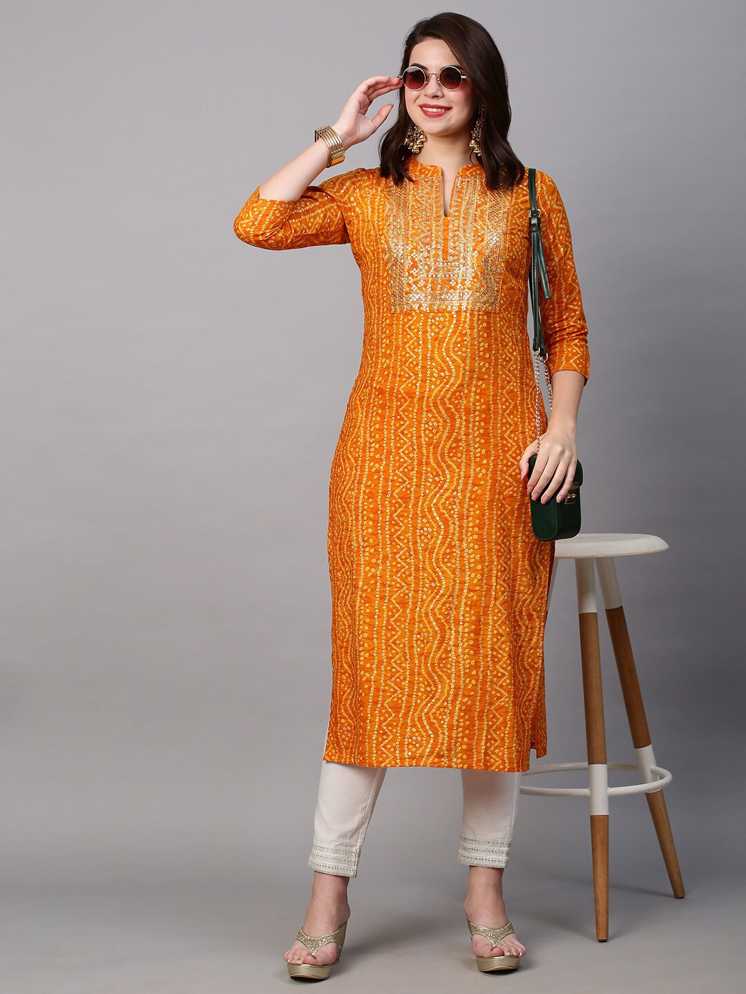 

KALINI Women Bandhani Printed Indie Prints Pure Cotton Kurta, Mustard