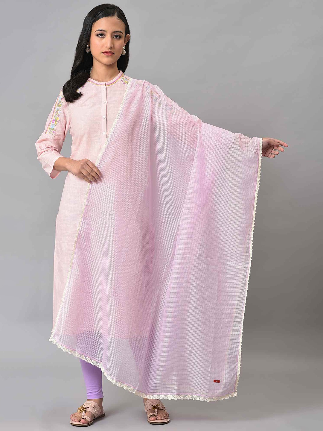 

W Checked Dupatta With Taping Border, Purple