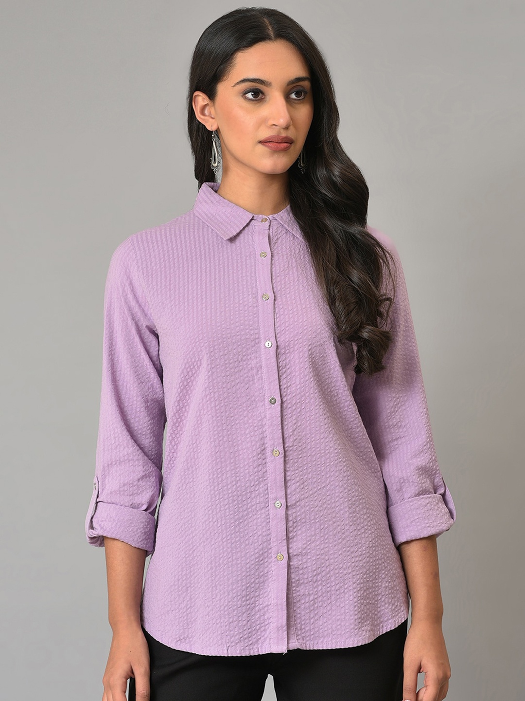 

W Purple Roll-Up Sleeves Shirt Style Cotton Top