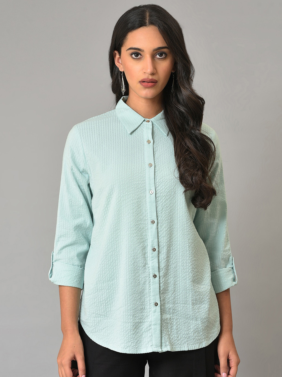 

W Roll-Up Sleeves Shirt Style Pure Cotton Top, Blue