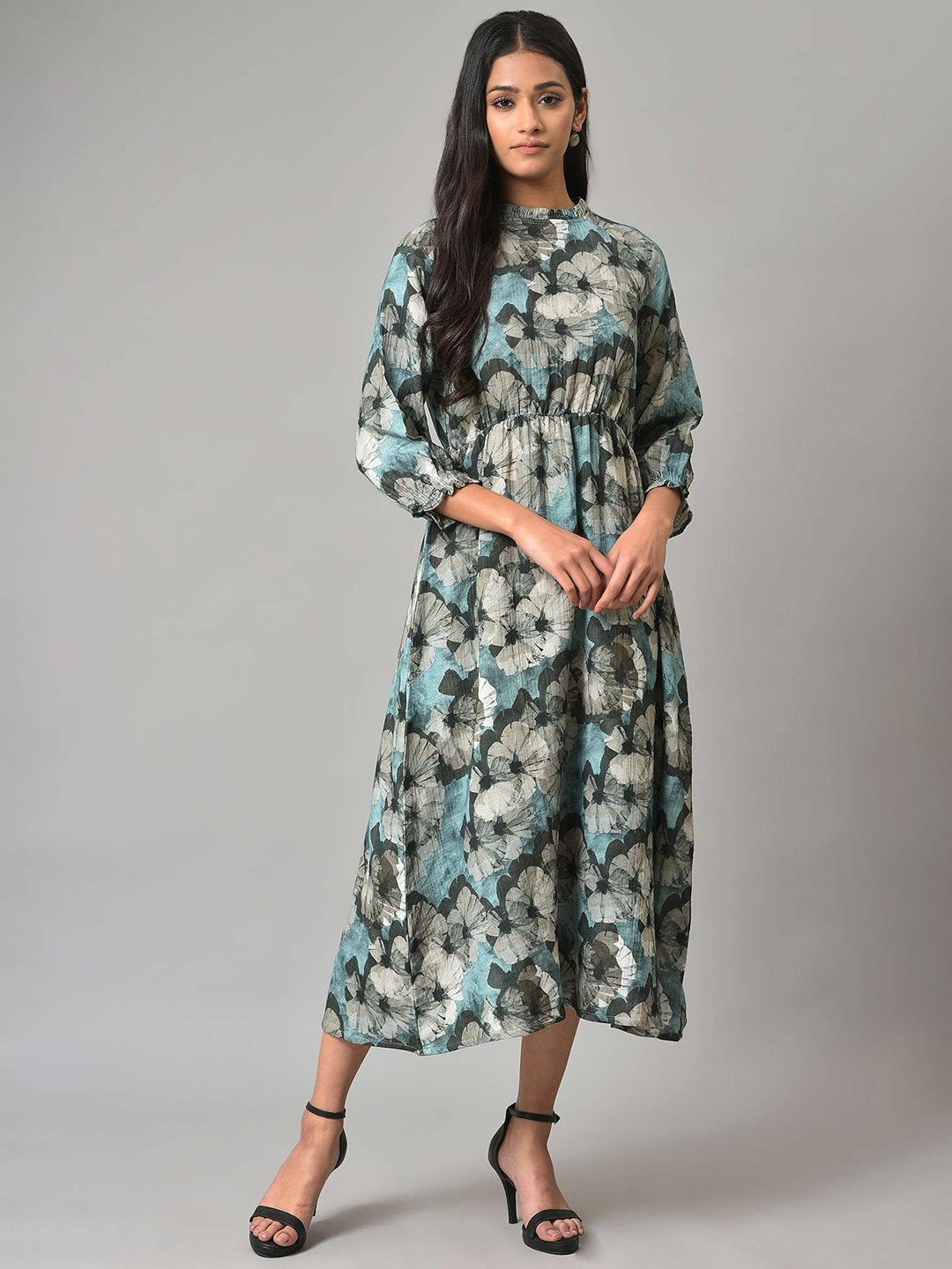 

W Floral Midi Cotton Dress, Blue