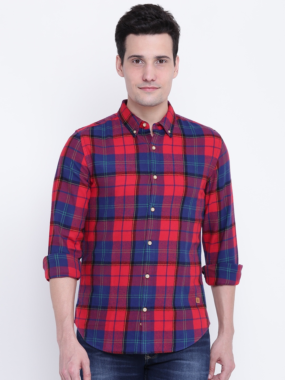 

United Colors of Benetton Men Red & Blue Slim Fit Checked Casual Shirt