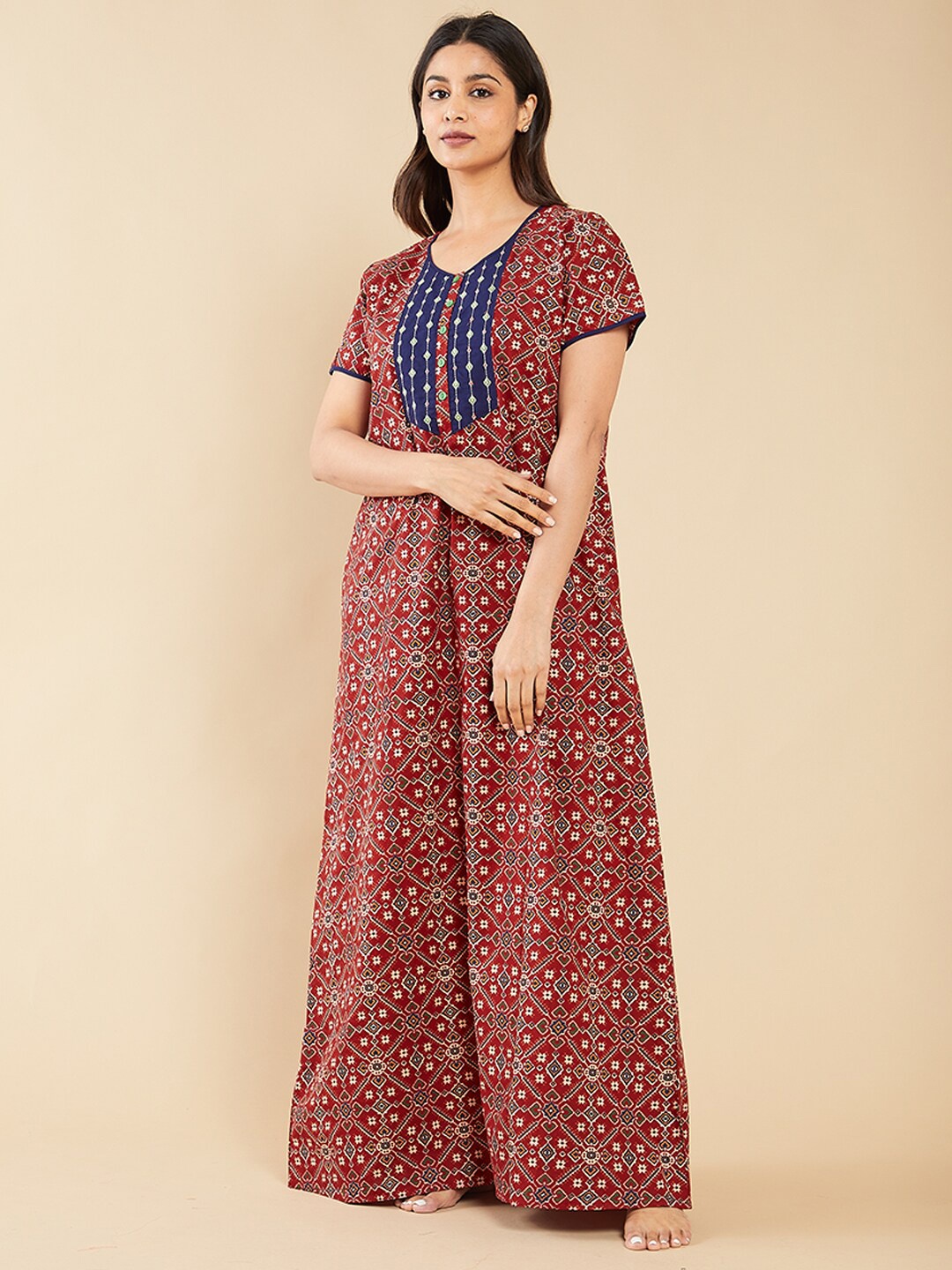 

Maybell Ethnic Motifs Printed Pure Cotton Maxi Nightdress, Red