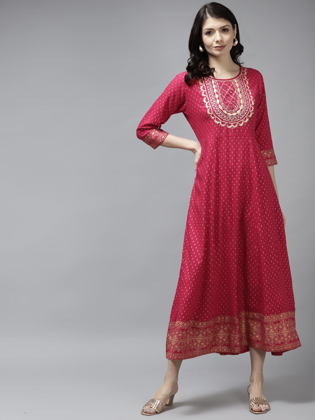 

Yufta Red Ethnic Motifs Printed Embellished detailed Midi Fit & Flare Ethnic Dress