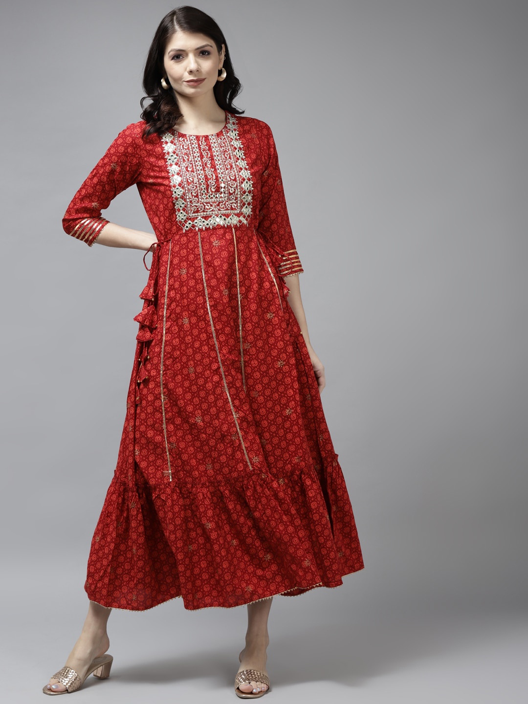 

Yufta Ethnic Motifs Printed Embroidered Detailed Flounce Maxi Fit & Flare Ethnic Dress, Red