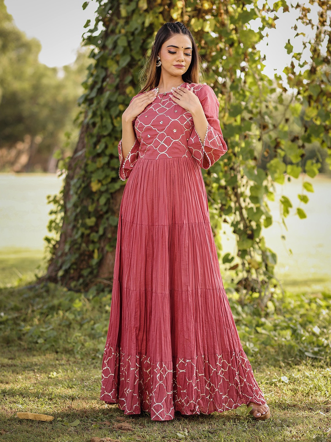 

Yufta Embellished Ethnic Maxi Pure Cotton Dress, Rust