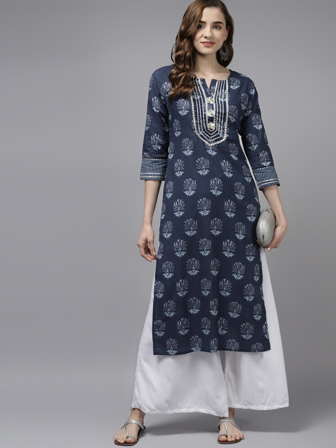 

Yufta Women Floral Printed Gotta Patti Pure Cotton Kurta, Navy blue