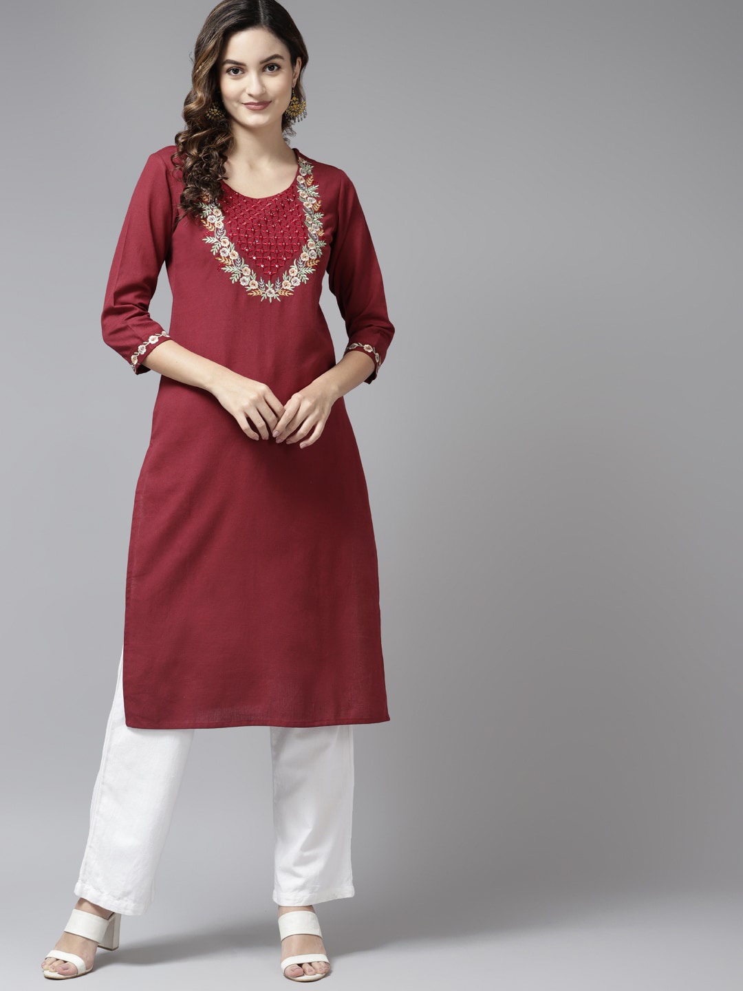 Yufta Women Floral Embroidered Mirror Work Pure Cotton Kurta, Maroon