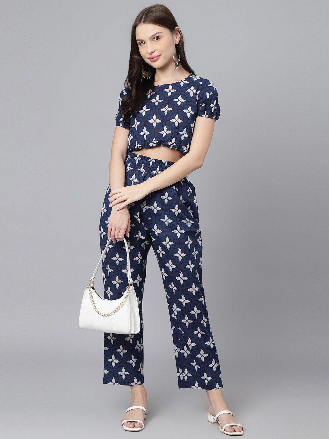 

DECKEDUP Women Printed Crop Top with Trousers, Blue