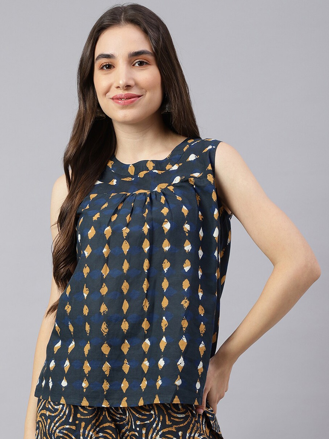

DECKEDUP Women Printed Sleeveless Top with Trousers Co-Ords Set, Navy blue