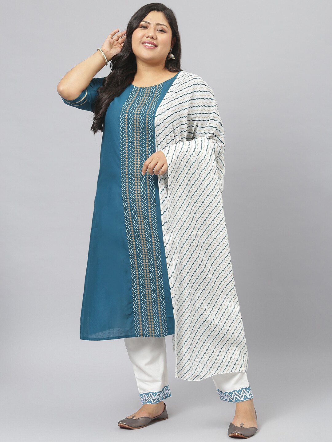 

Stylum Printed Pure Cotton Kurta with Trousers & Dupatta, Teal
