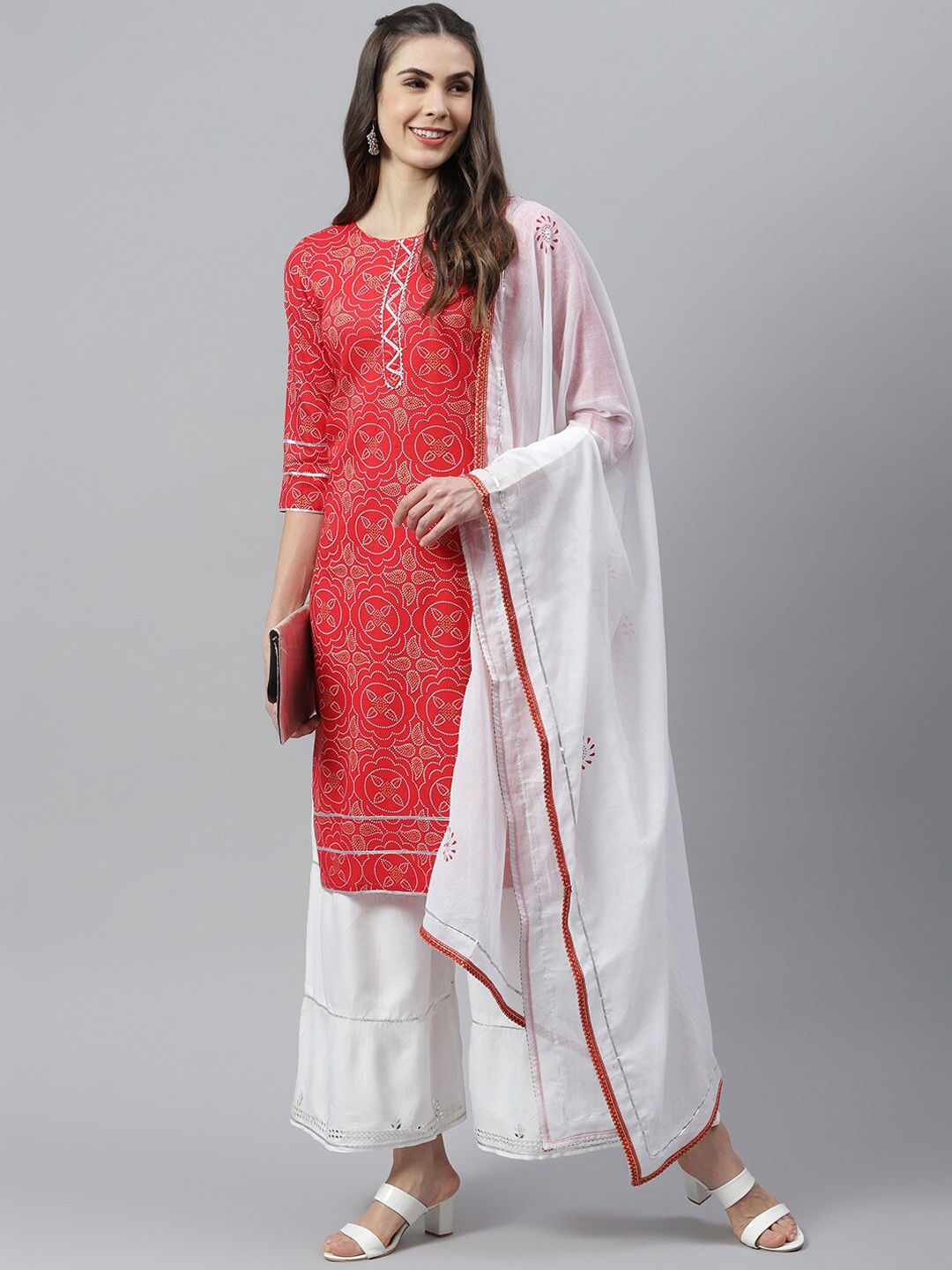 

Stylum Bandhani Printed Gotta Patti Kurta with Sharara & Dupatta, Red